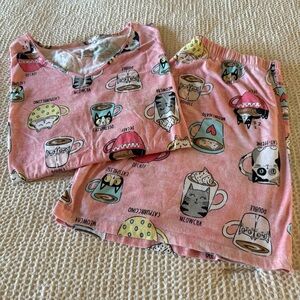 Cats & Coffee Print Pink Two Piece Pajama Set